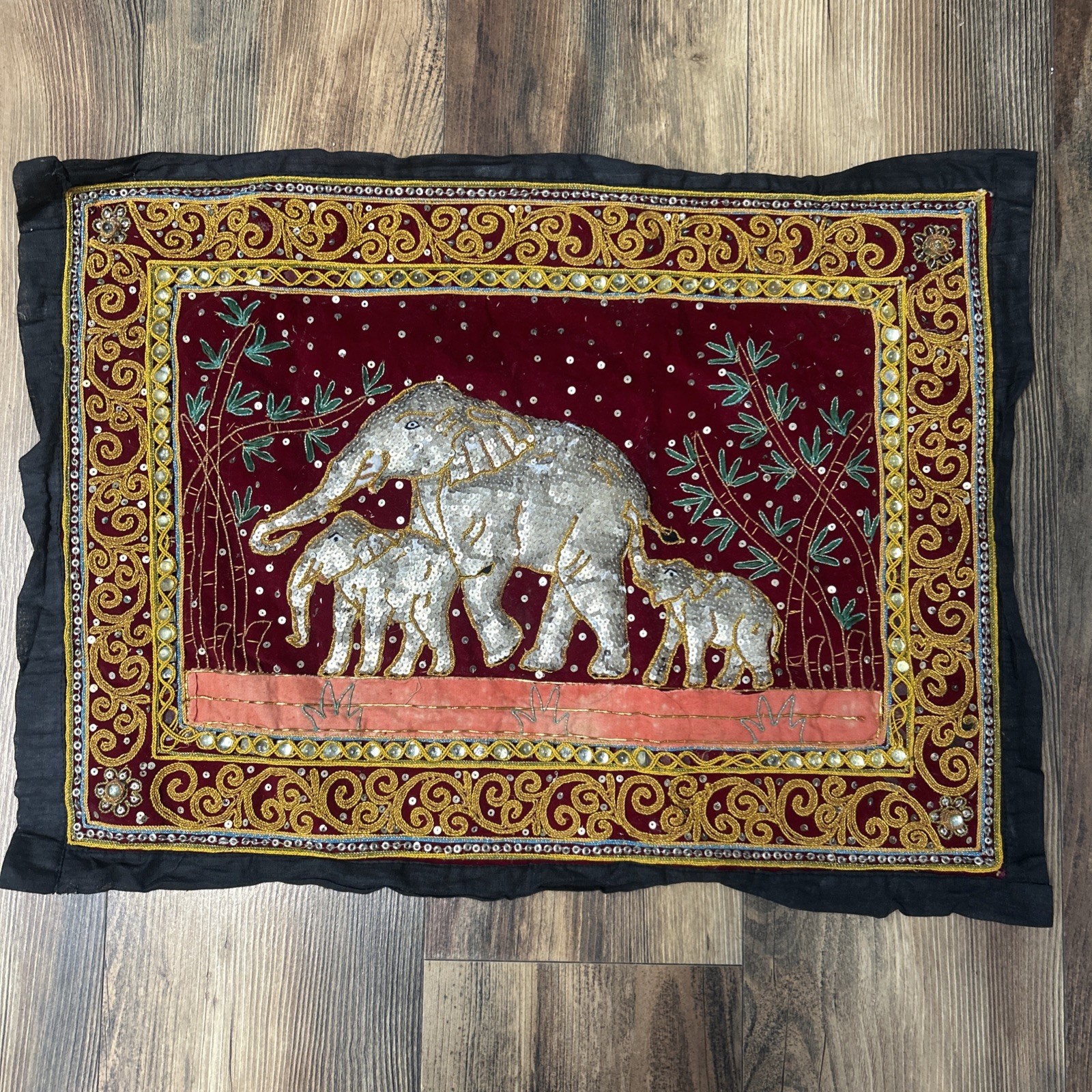 Vintage Kalaga Burmese Beaded Elephant Tapestry 18x24 – Hand Made Sequins Glass
