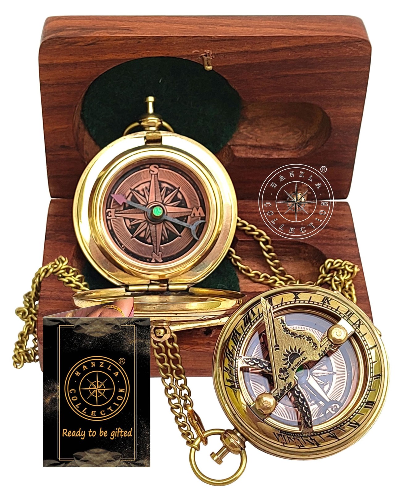 Handmade Push Button Direction Sundial Clock with Chain & Wooden - Brass Comp...