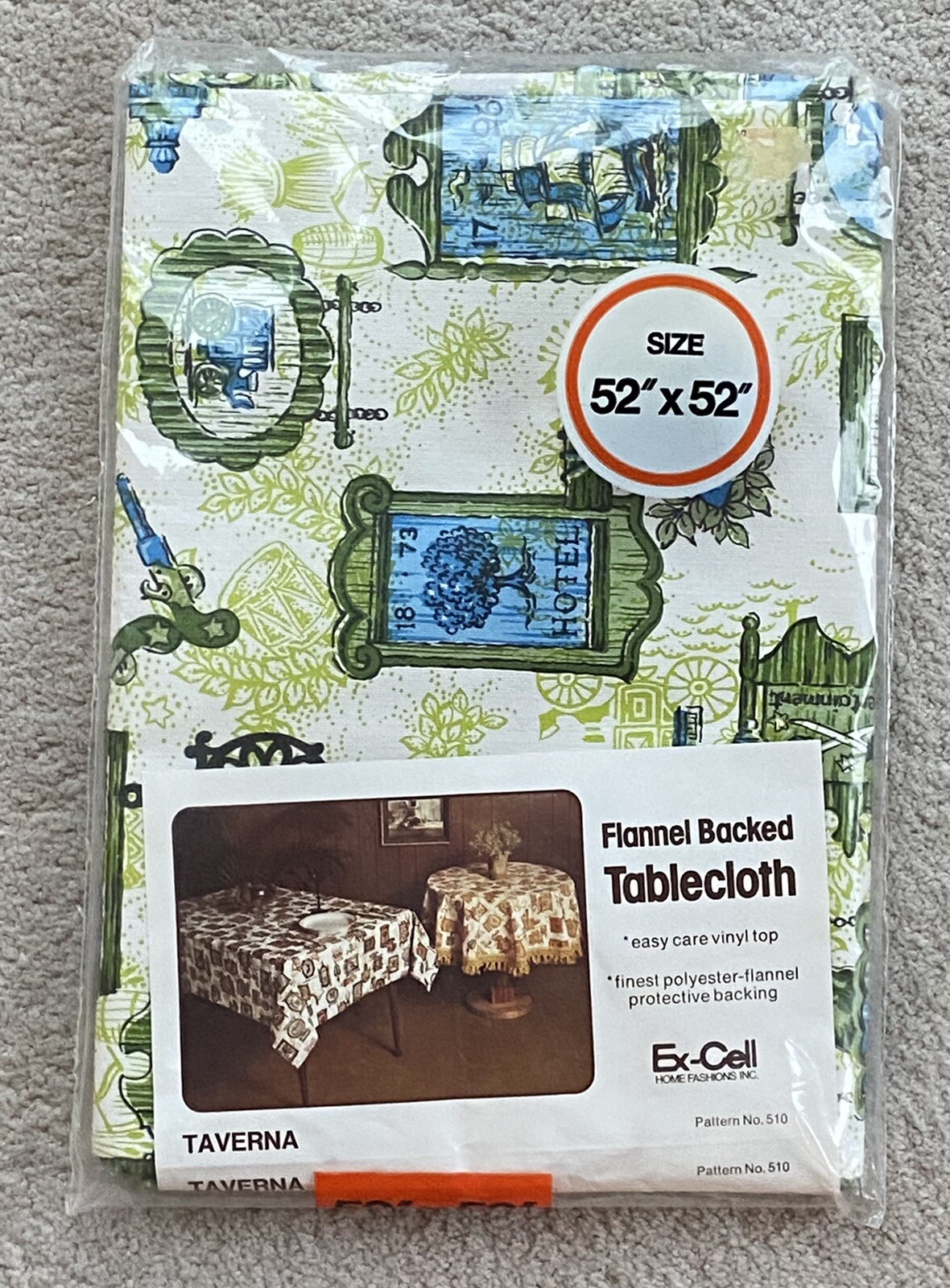 Vintage Flannel Backed Tablecloth Taverna Ex-Cell 52” X 52” NOS