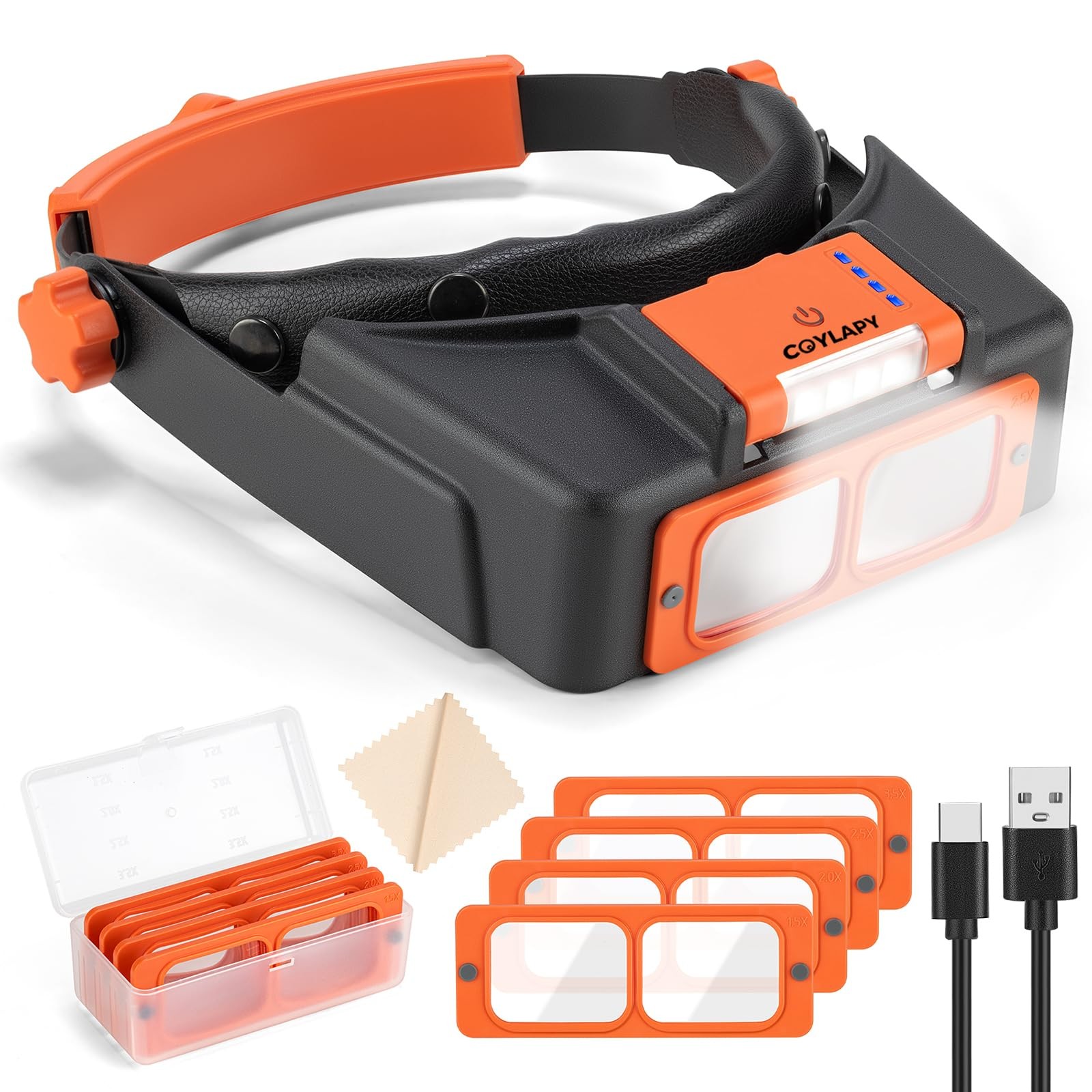 Headband Magnifier with Light, Rechargeable Magnifying Glasses for Orange 