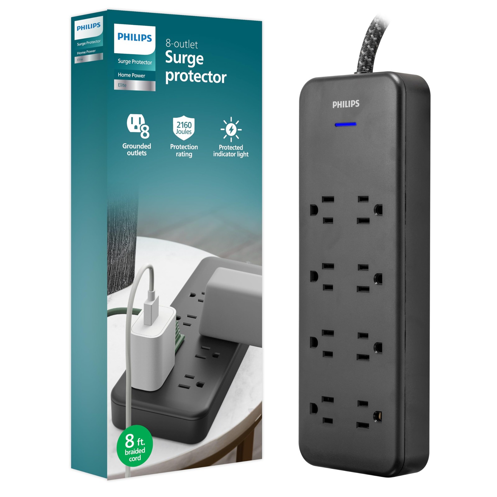 Philips EZFit 8-Outlet Surge Protector Power Strip 8ft Braided Extension Cord Wi