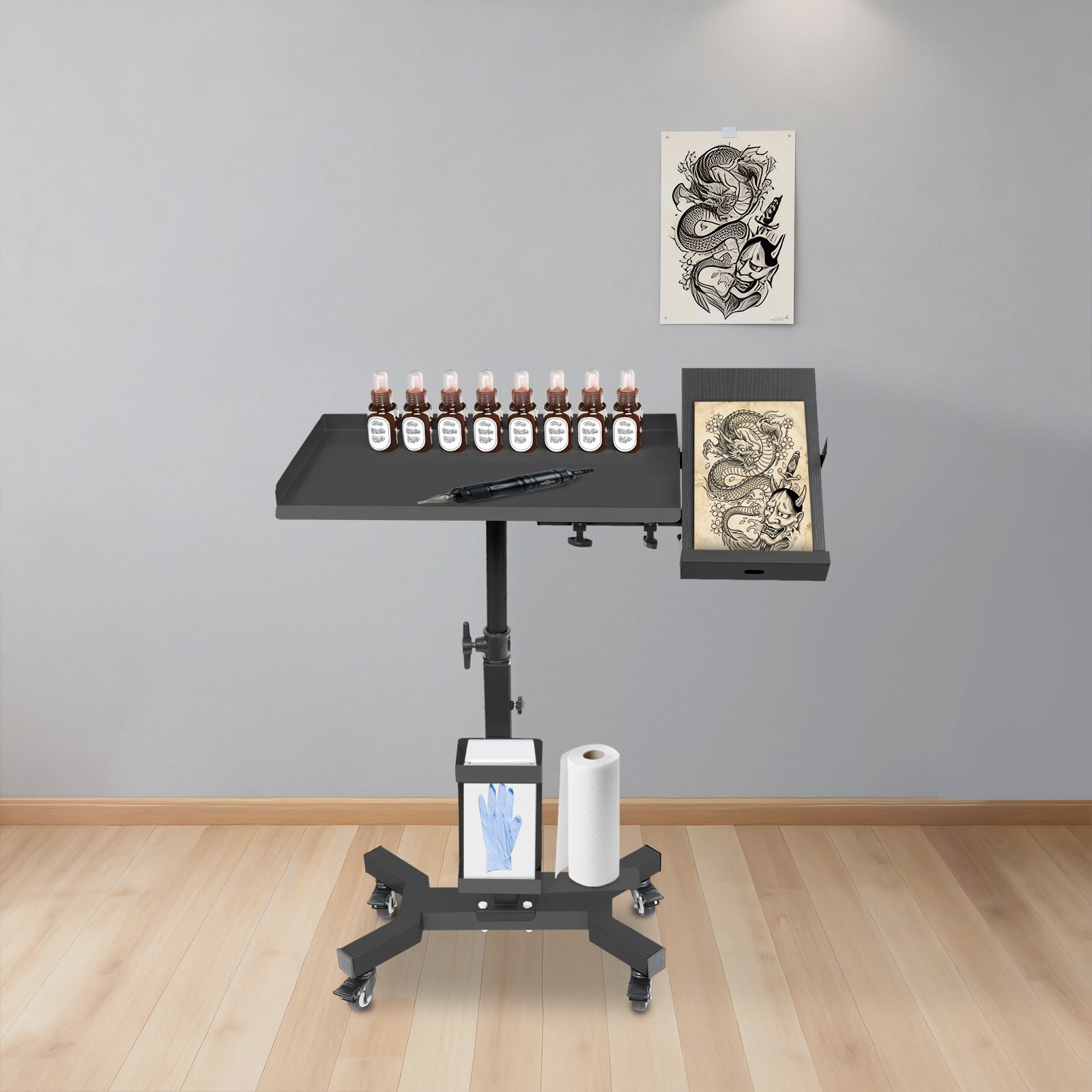 Versatile Rolling Tool Tray Cart, Tray Cart with Rotatable Table Station, Black