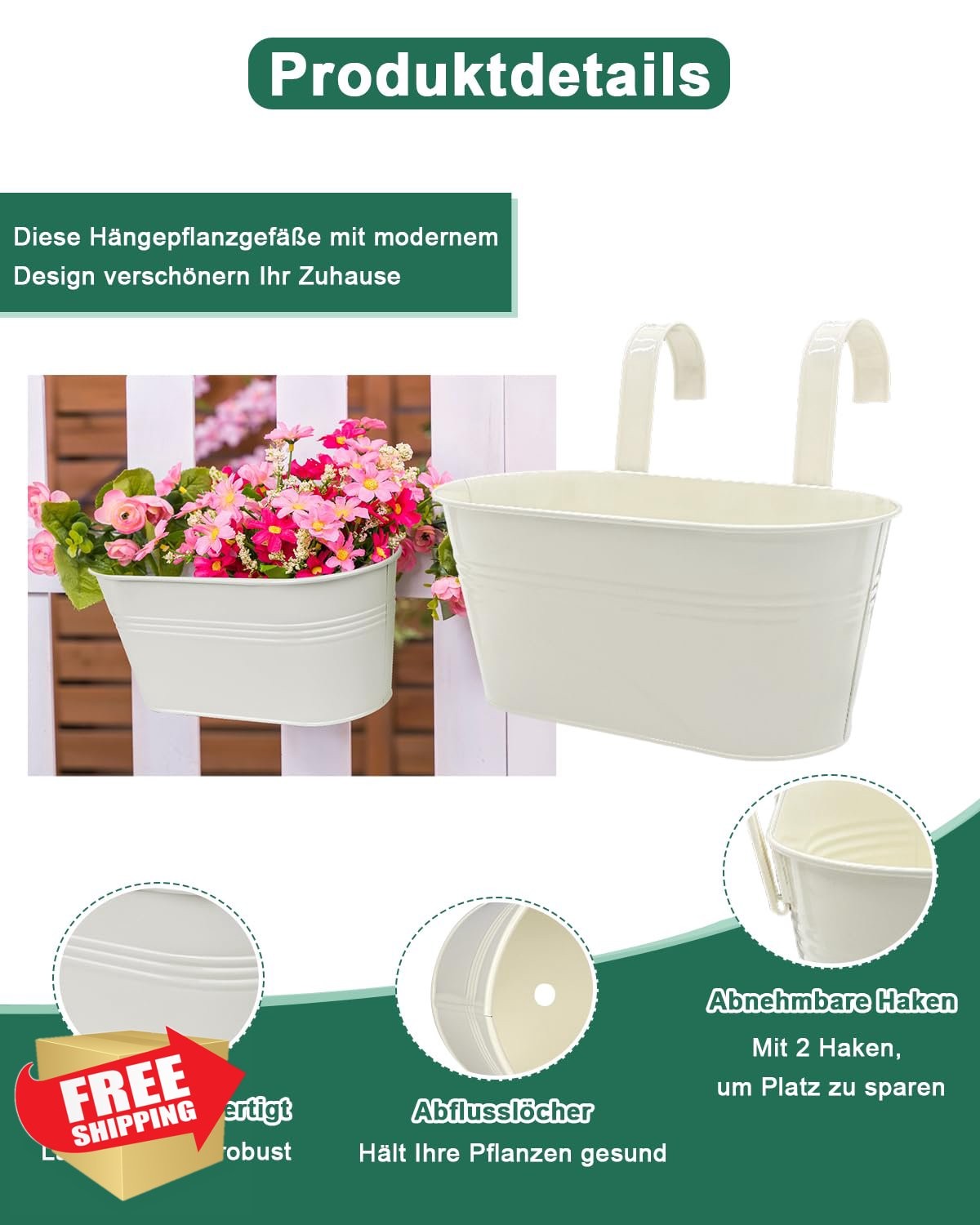 Metal Railing Planters 5 Pack Hanging Flower Pots Cream White Hooks