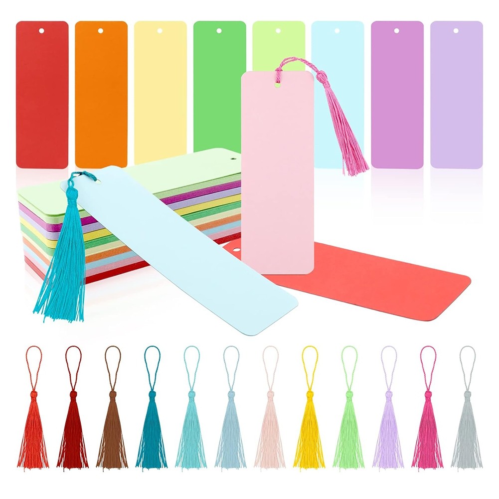 100 Pack Blank Color Bookmarks Cardstock with 100 Pcs  Tassels, Craft DIY 3552