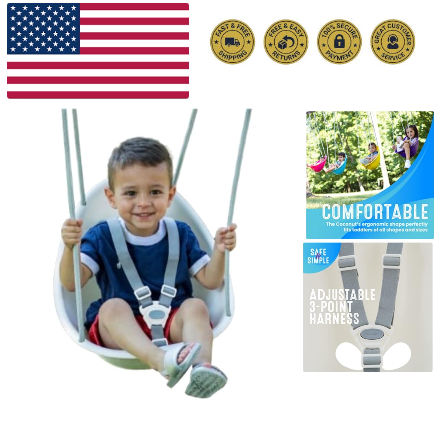 Coconut Toddler Swing – Comfy Baby Swing Outdoor, 3- Point Adjustable Safety ...