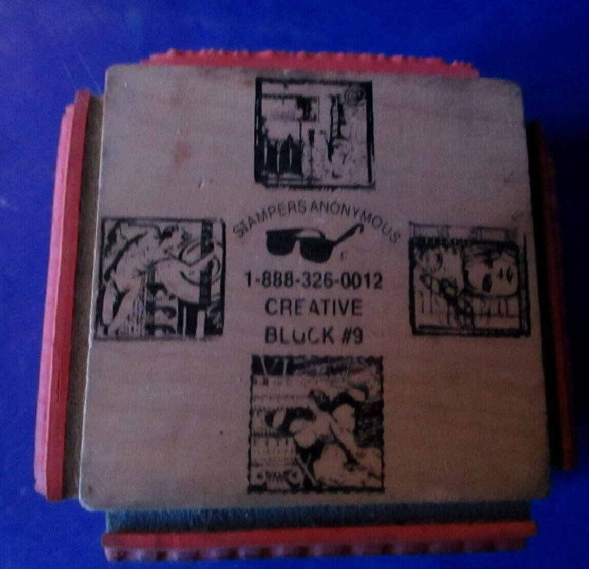 STAMPERS ANONYMOUS CREATIVE BLOCK #9  4 IN 1 CUBE COLLAGE RUBBER STAMP WOOD MTD