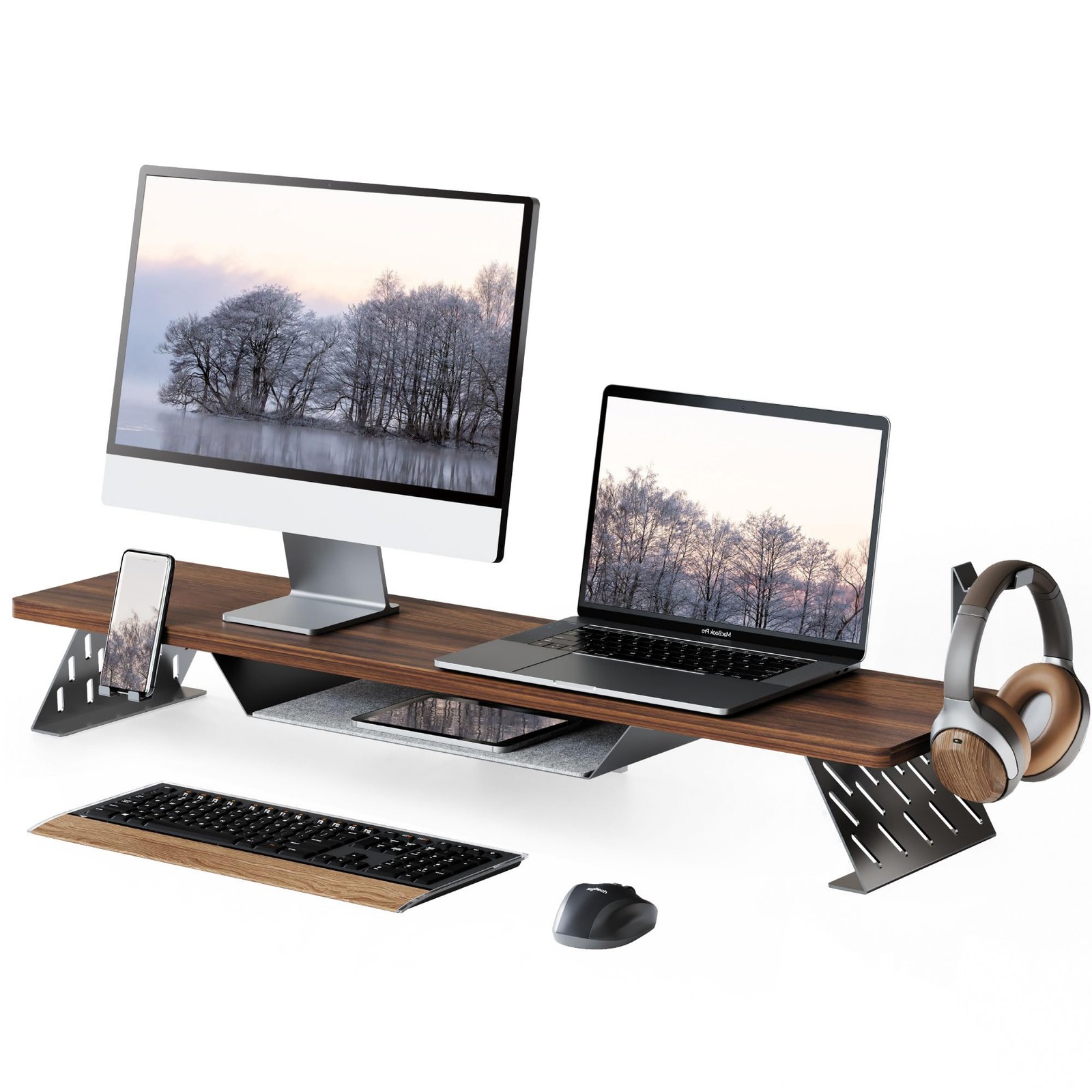 Dual Monitor Stand, 42.5 Inch Monitor Riser for Desk, Wood Desk Shelf for 2 M...