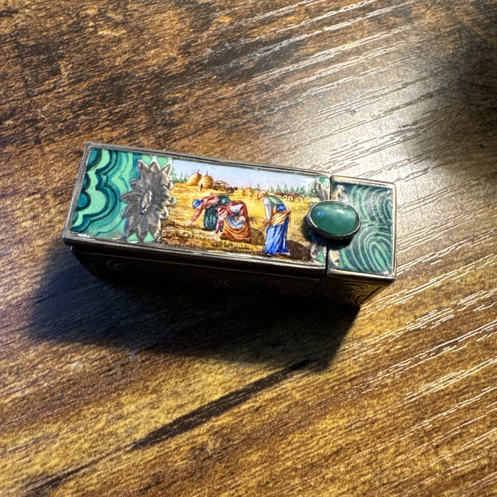 Antique Enameled 800 Silver Lipstick Holder Case & Mirror, Depicting Harvest
