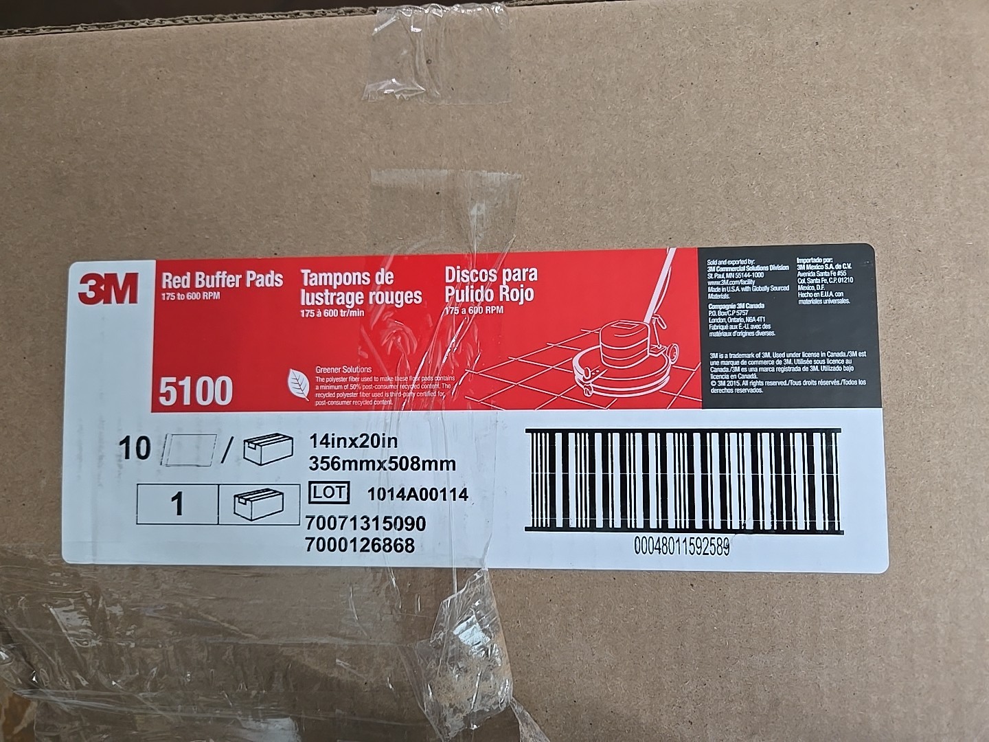 BOX OF 10 3M 5100 Red Buffer Pads 14"x20" 175 to 600 RPM