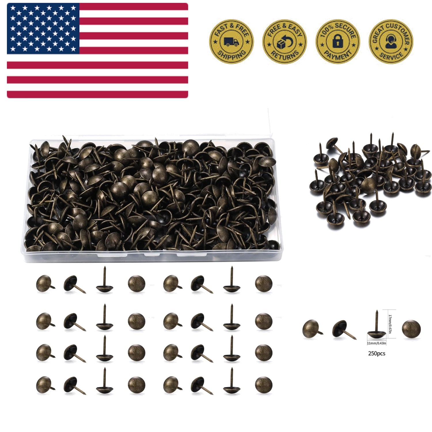 250 Pcs Upholstery Tacks, Decorative Furniture Tacks, Round Head Bronze Nails...