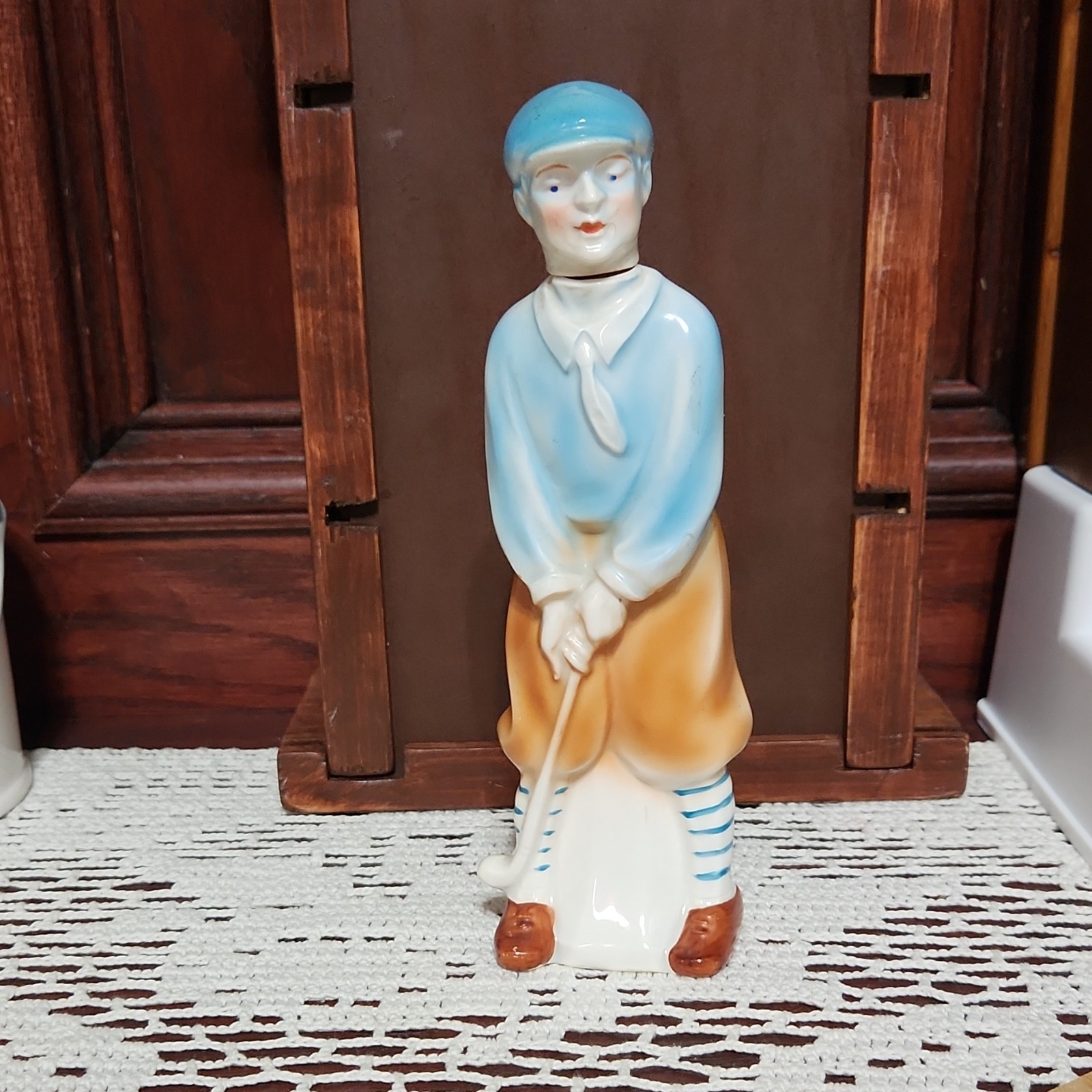 Ramses Germany Figural Golfer decanter Blue Brown White with Cork Stopper