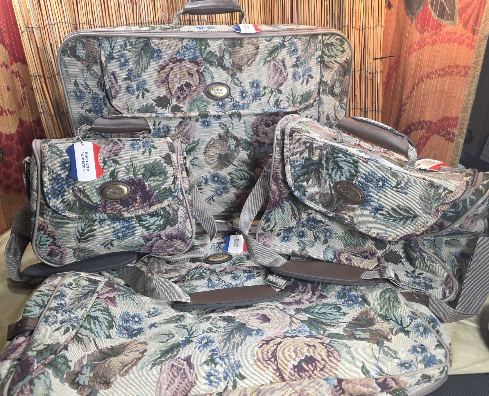 Vintage American Tourister Floral Tapestry Luggage Set Locks Keys Travel Tags 