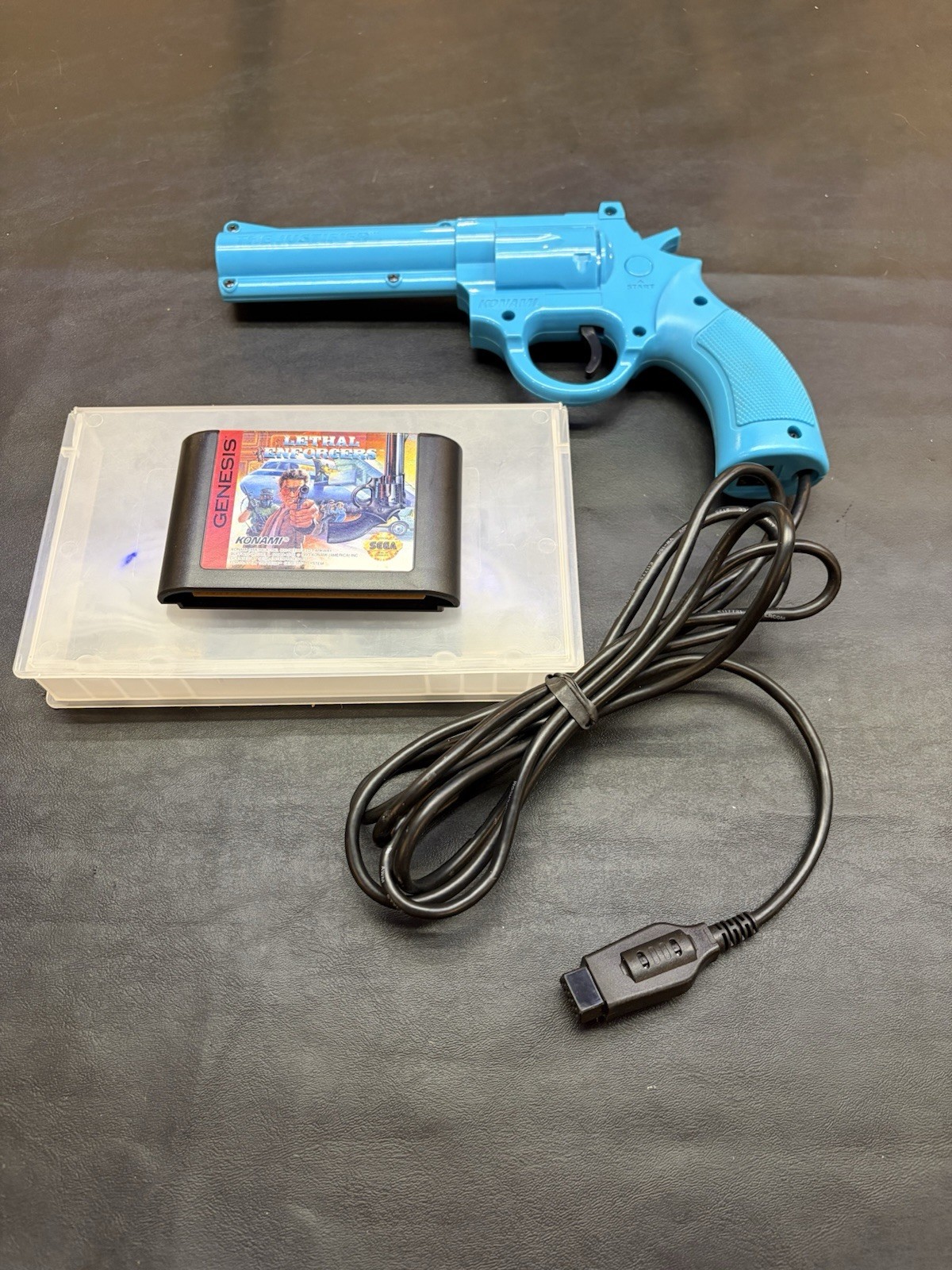 Konami Lethal Enforcers Sega Genesis Game with Blue Light Gun & Storage Case