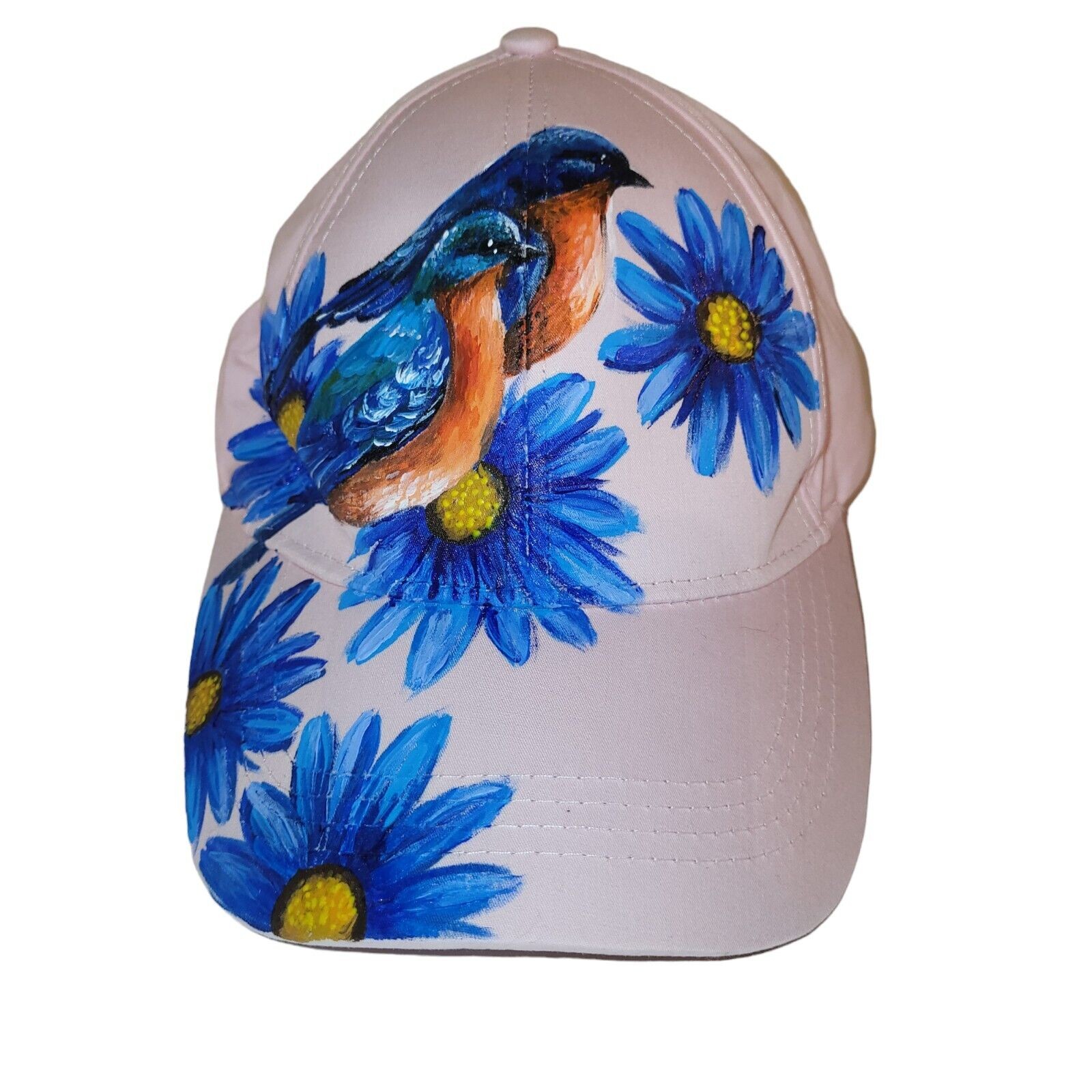 Handpainted Women's Pink Baseball Cap Bluebirds Blue Flowers Adjustable Strap