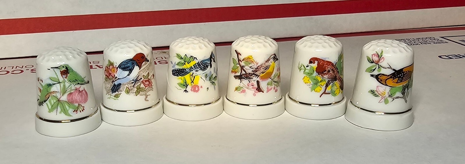 Vintage Porcelain Thimble Birds Floral Pattern Gold Trim Orange green LOT OF 6