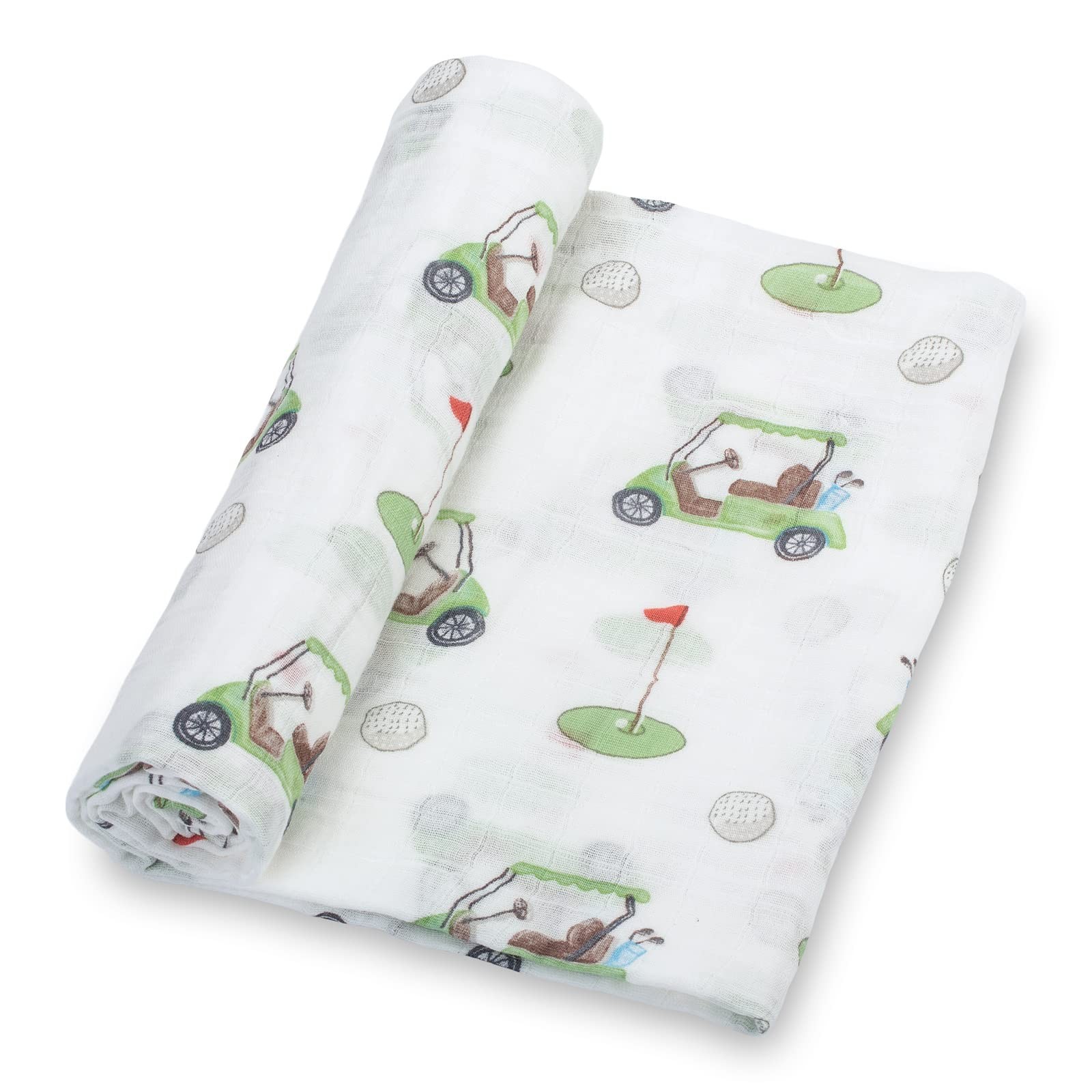 LollyBanks 100% Cotton Muslin Swaddle Blanket, Golf Print, Crib, a Round 