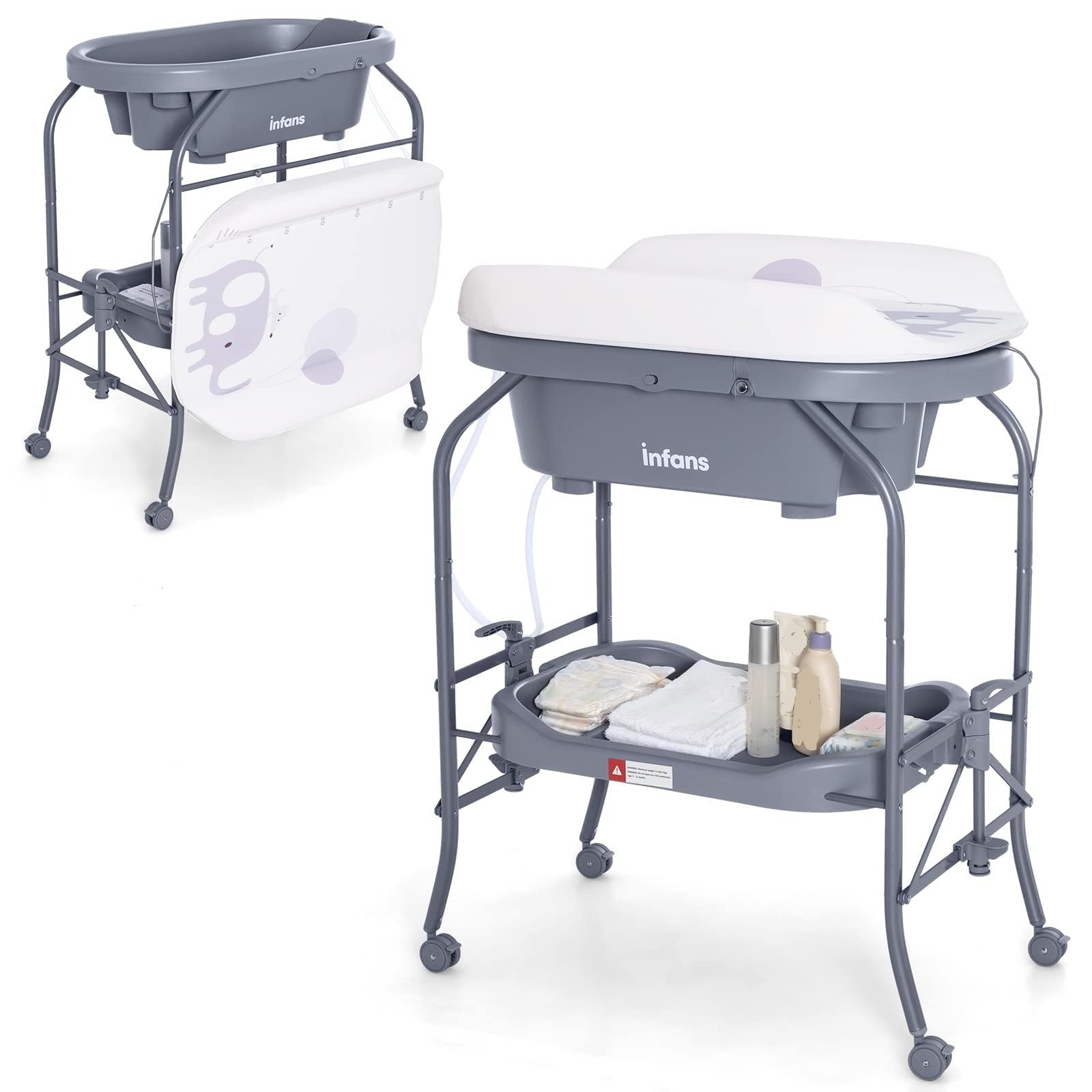 2 in 1 Baby Changing Table with Bath Tub, Folding Diaper Station on Wheels