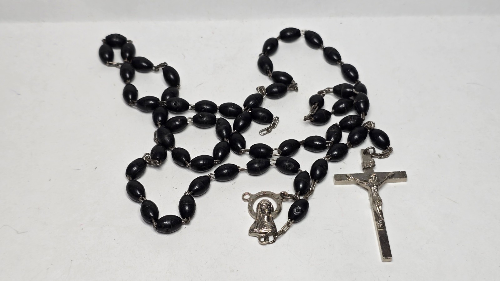 Vintage Catholic Rosary Black Beads Italy Crucifix & Virgin Mary Centerpiece