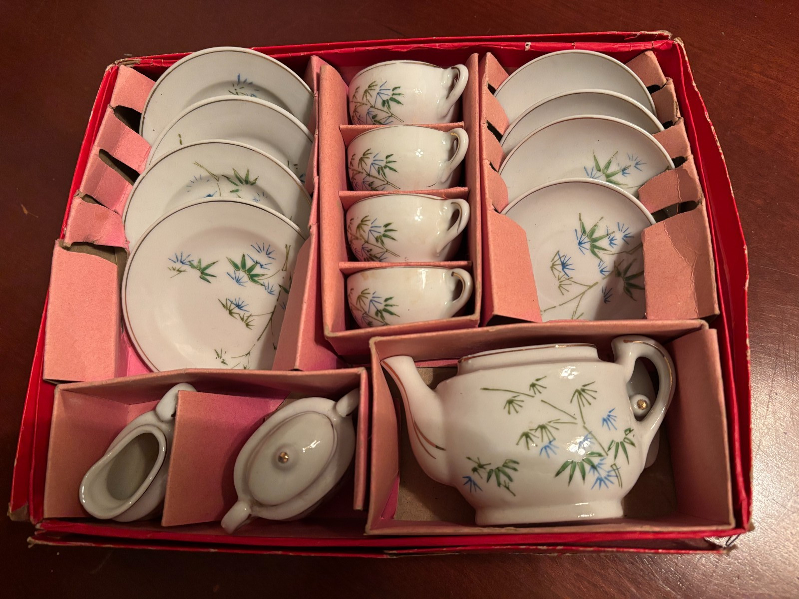 Bamboo pattern 17 piece china child's toy tea set made in Japan original box