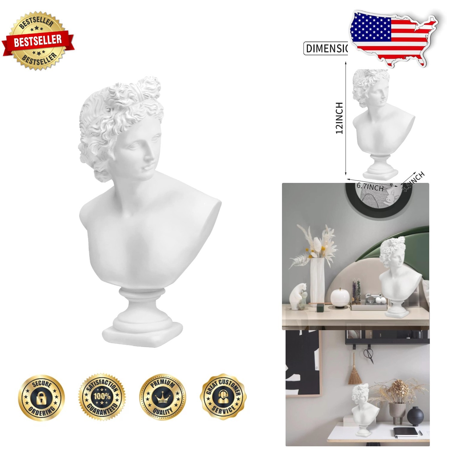 Elegant 12.6" Apollo Statue - Realistic Greek Roman Bust, Exquisite Home Decor