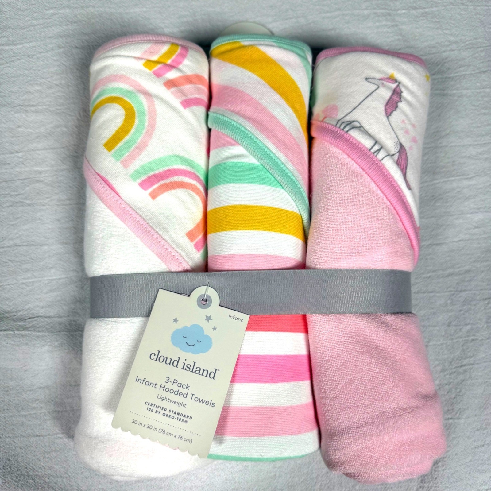 Cloud Island Infant Hooded Towels Pink Baby Girl Unicorns Rainbows 3 Pack 30x30