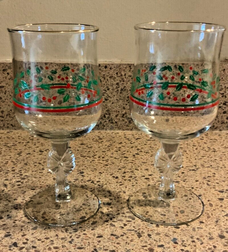 Libbey Arby's Holly Berry Wine Goblets Set of 2 Holiday Bow Stem 12oz Gold Rim