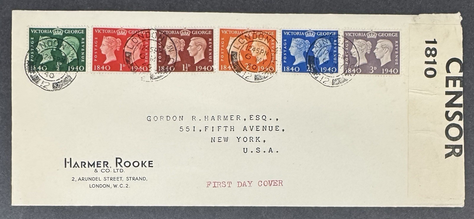 Great Britain, Scott #252-257 Centenary Set Used on World War II Censored F.D.C.