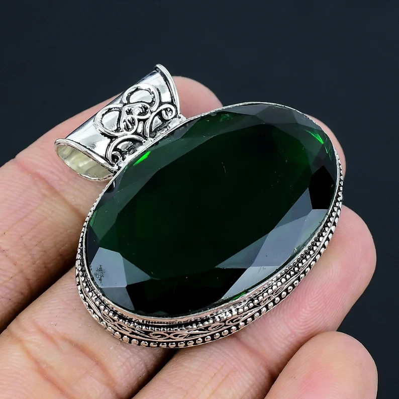 Chrome Diopaside  Gemstone Handmade 925 Sterling Silver Jewelry Pendant Sz-2''