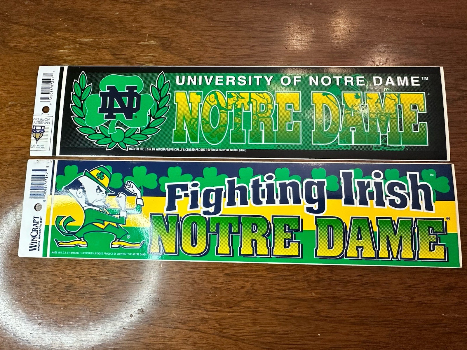 2 NOTRE DAME FIGHTING IRISH Bumper Stickers "WINCRAFT SPORTS", NCAA MEMORABILIA!