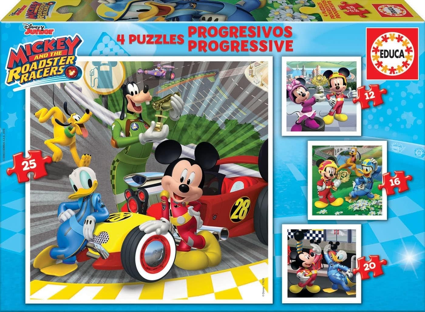 NEW EDUCA  Jigsaw Puzzle 4 in 1  Pieces Progressive Mickey and the Roadster Race