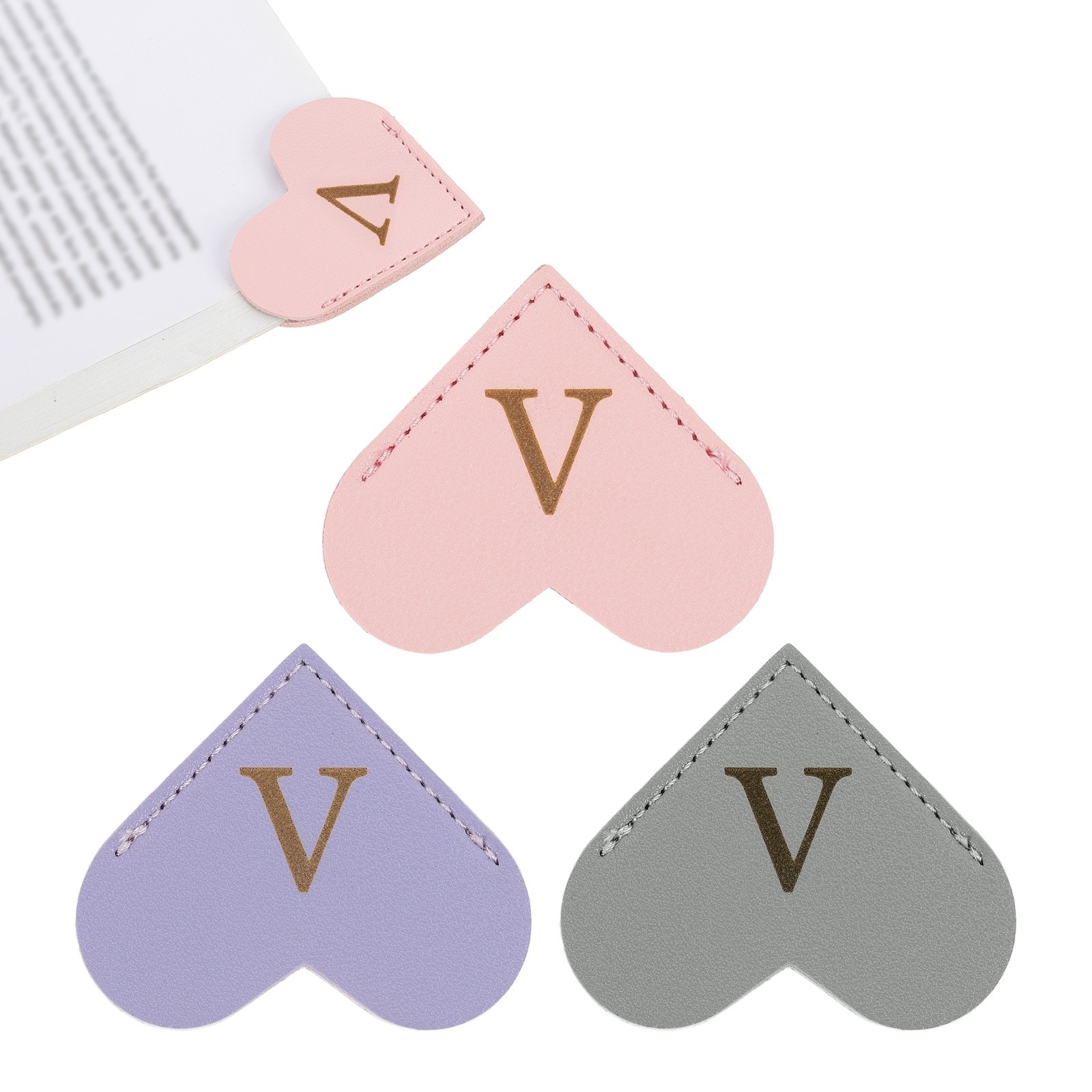 Initial V Corner Bookmarks,  3Pcs Heart Shape Leather Book Marks Markers