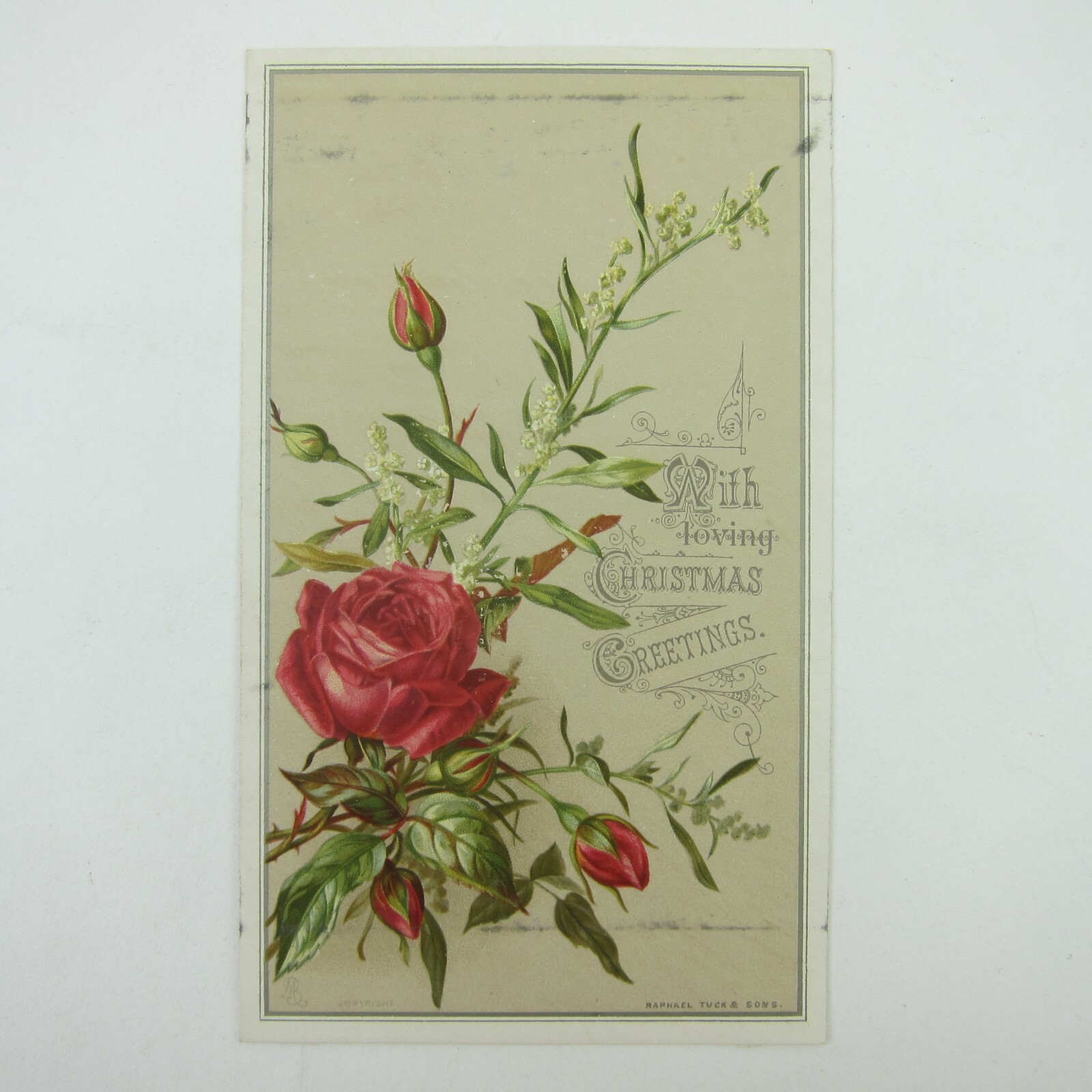 Victorian Christmas Card Raphael Tuck & Sons Red Roses White Flowers Antique