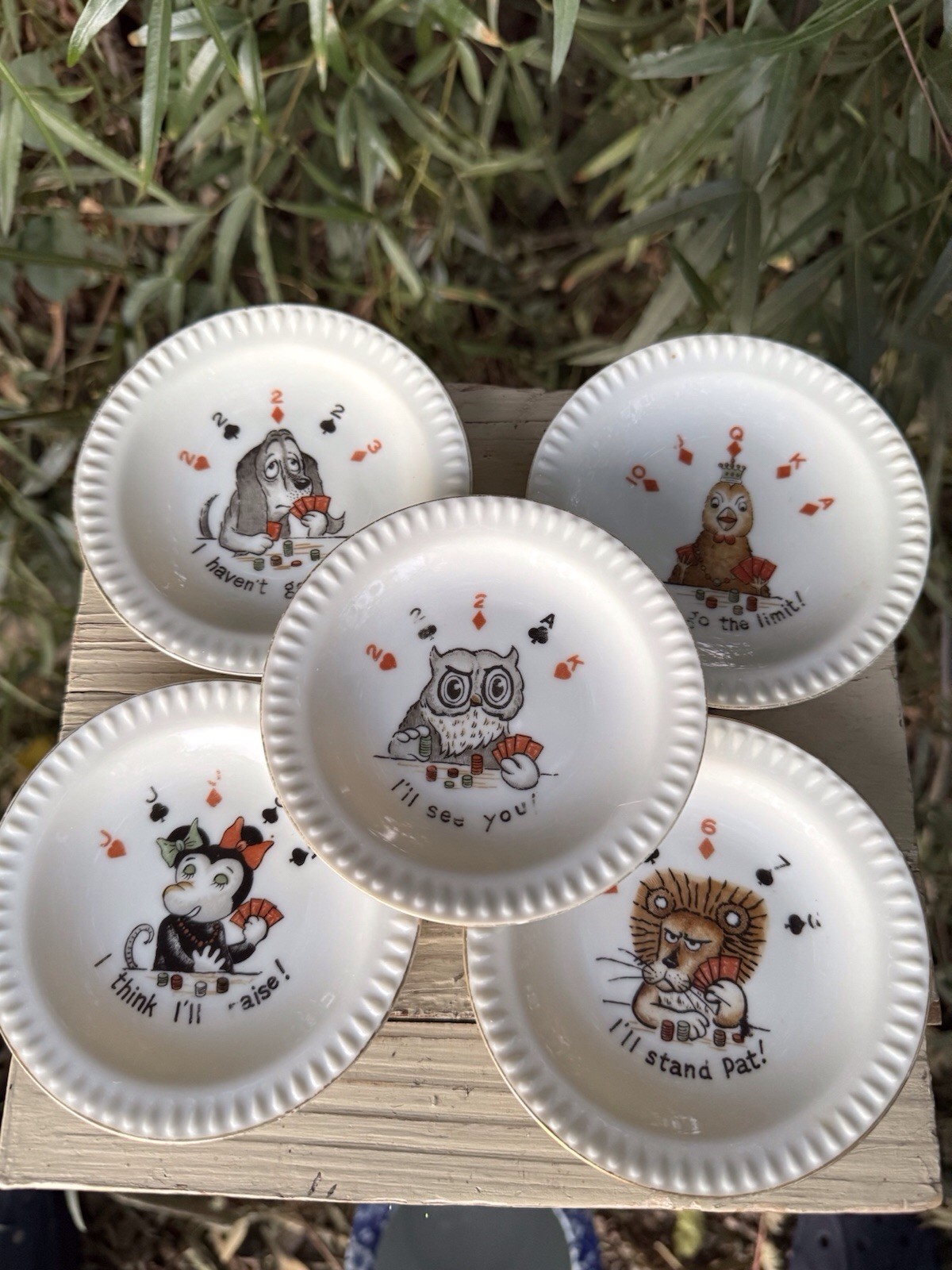 Vintage 1950's Ardalt Japan Ceramic Poker Coaster/Plates Set Of 5 Bird Lion Owl