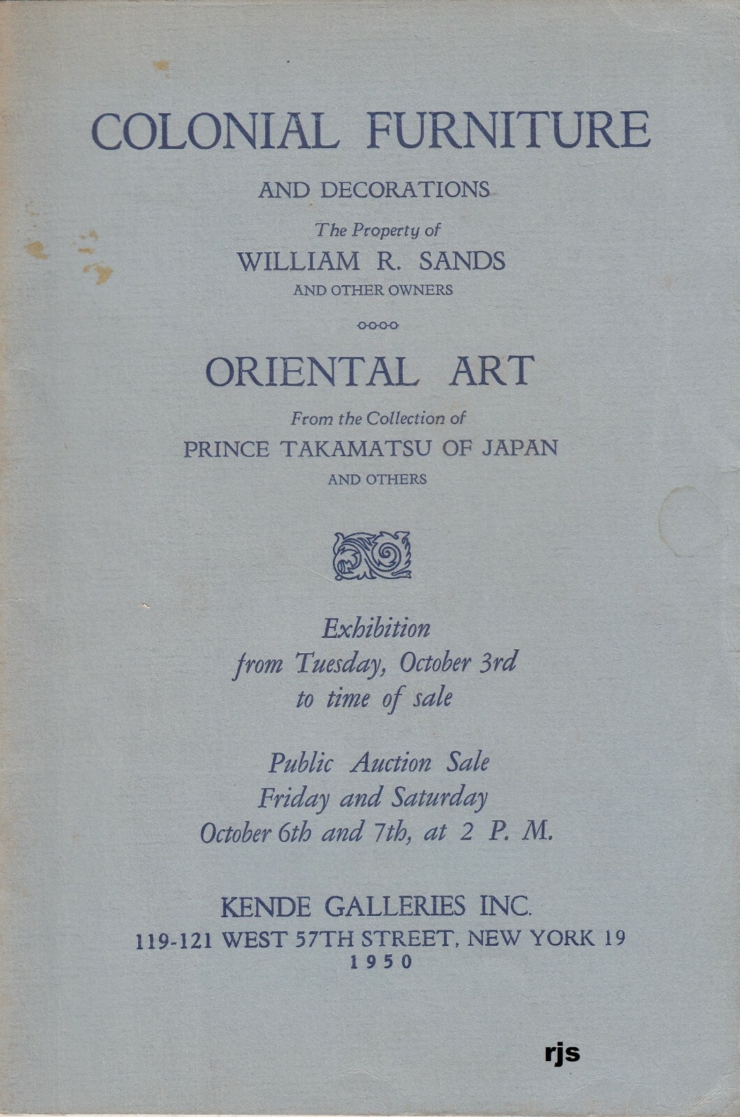 Colonial Furniture- Property William R. Sands/Oriental Art Kende Galleries 1950