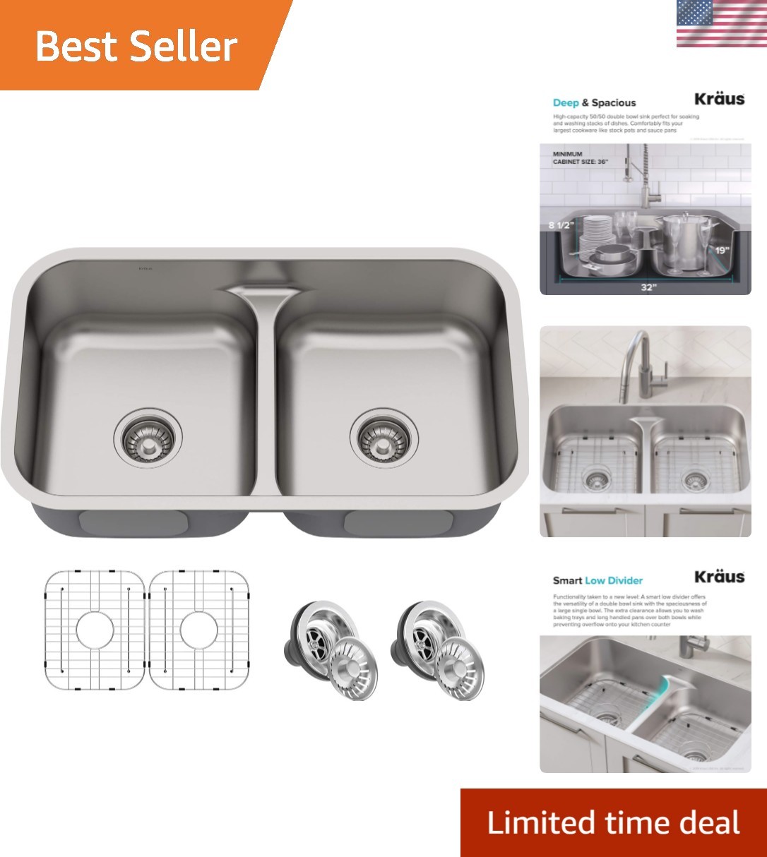 32-Inch Undermount Stainless Steel Sink with Strainers & Sound-Dampening Design