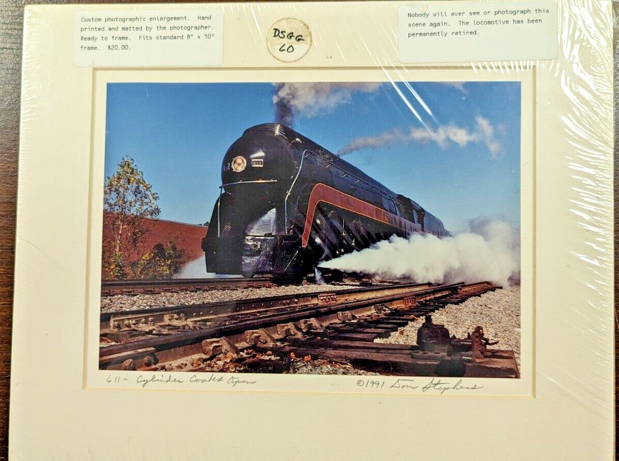 N&W 611 Signed 1991 Matted Color Photo Railroad Steam Locomotive w/"Cocks Open"
