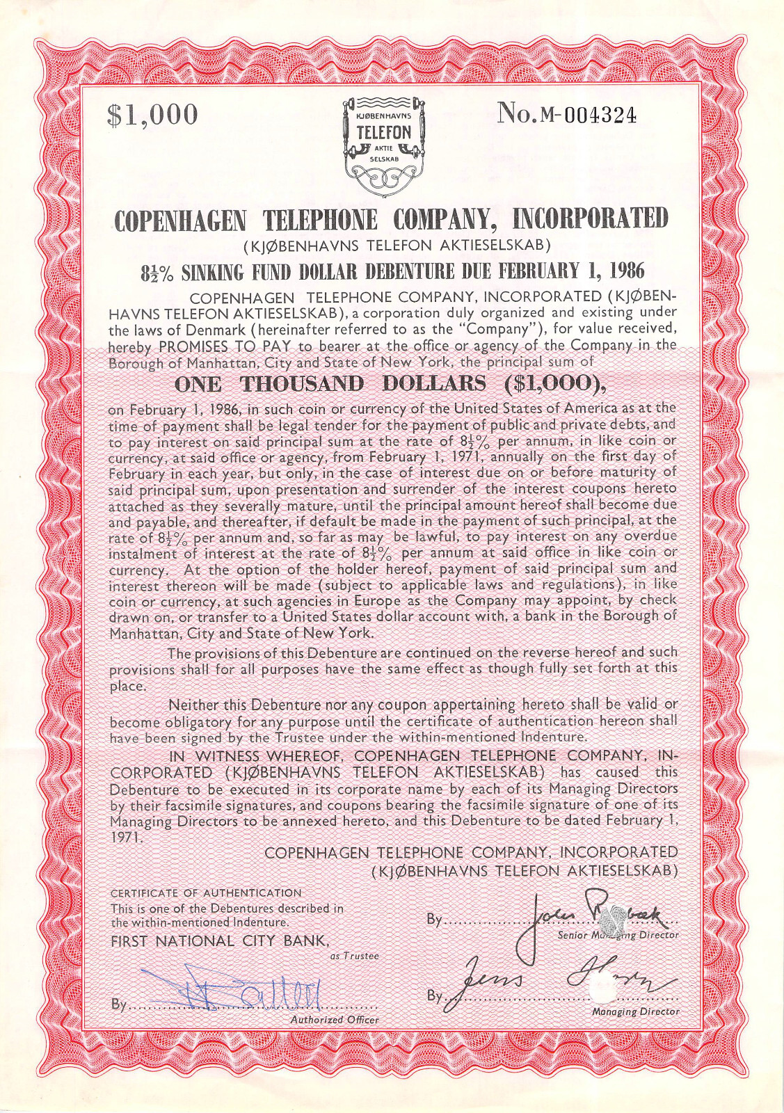 COPENHAGEN  TELEPHONE TELEGRAPH STOCK CERTIFICATE