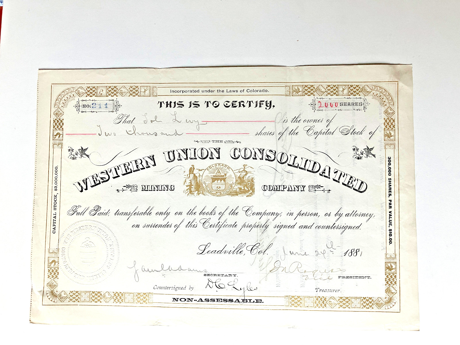 COLORADO LEADVILLE WESTERN UNION GOLD SILVER MINING STOCK CERTIFICATE SOL LEVY