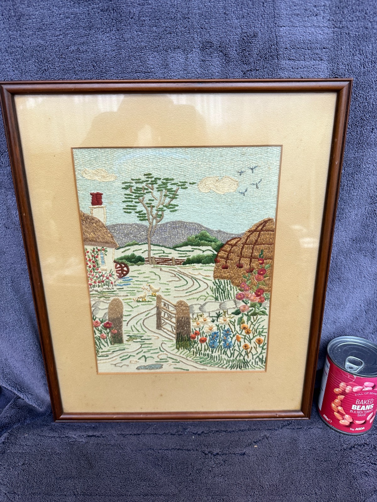 Vintage Framed Embroidery Tapestry Needlework Woolwork Garden Haystack Picture