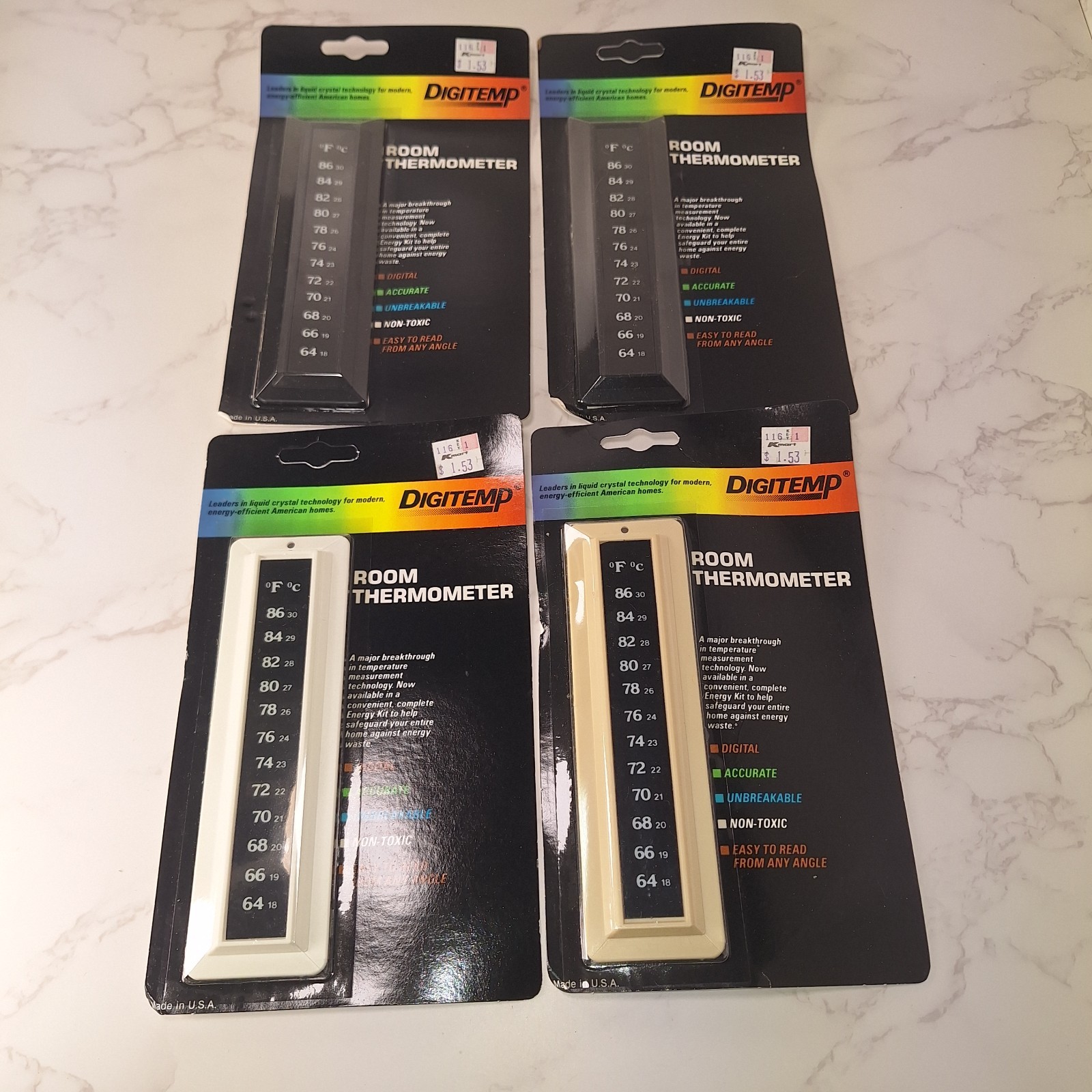 4-Vintage Digitemp Room Thermometers 2 Black 1 White 1 Tan