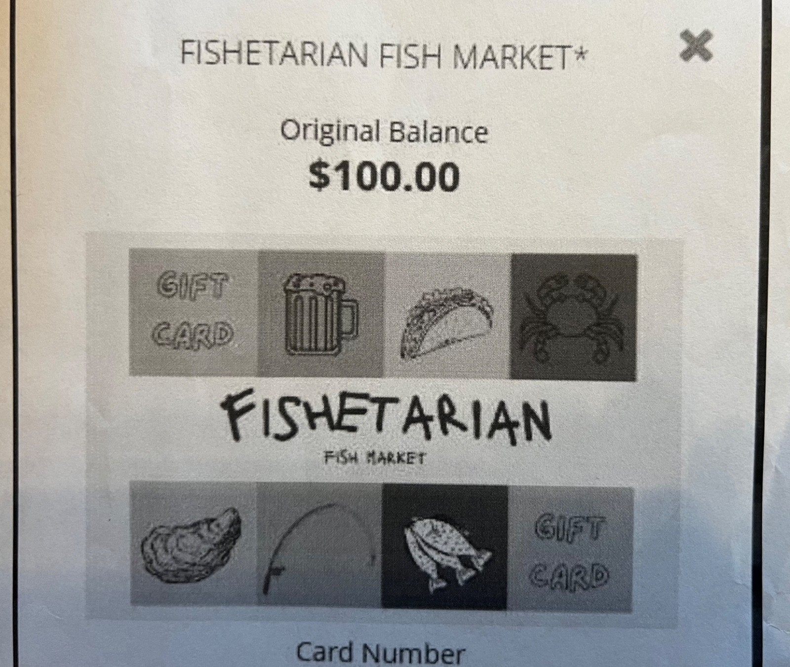 $100 FISHETARIAN Gift Card CERTIFICATE NEW