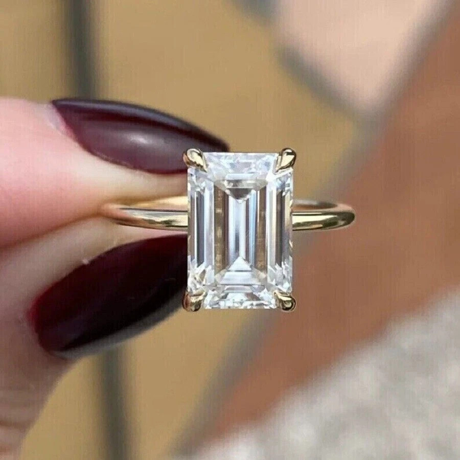 14K Yellow Gold Plated 9x7mm Emerald Cut Moissanite Solitaire Engagement Ring