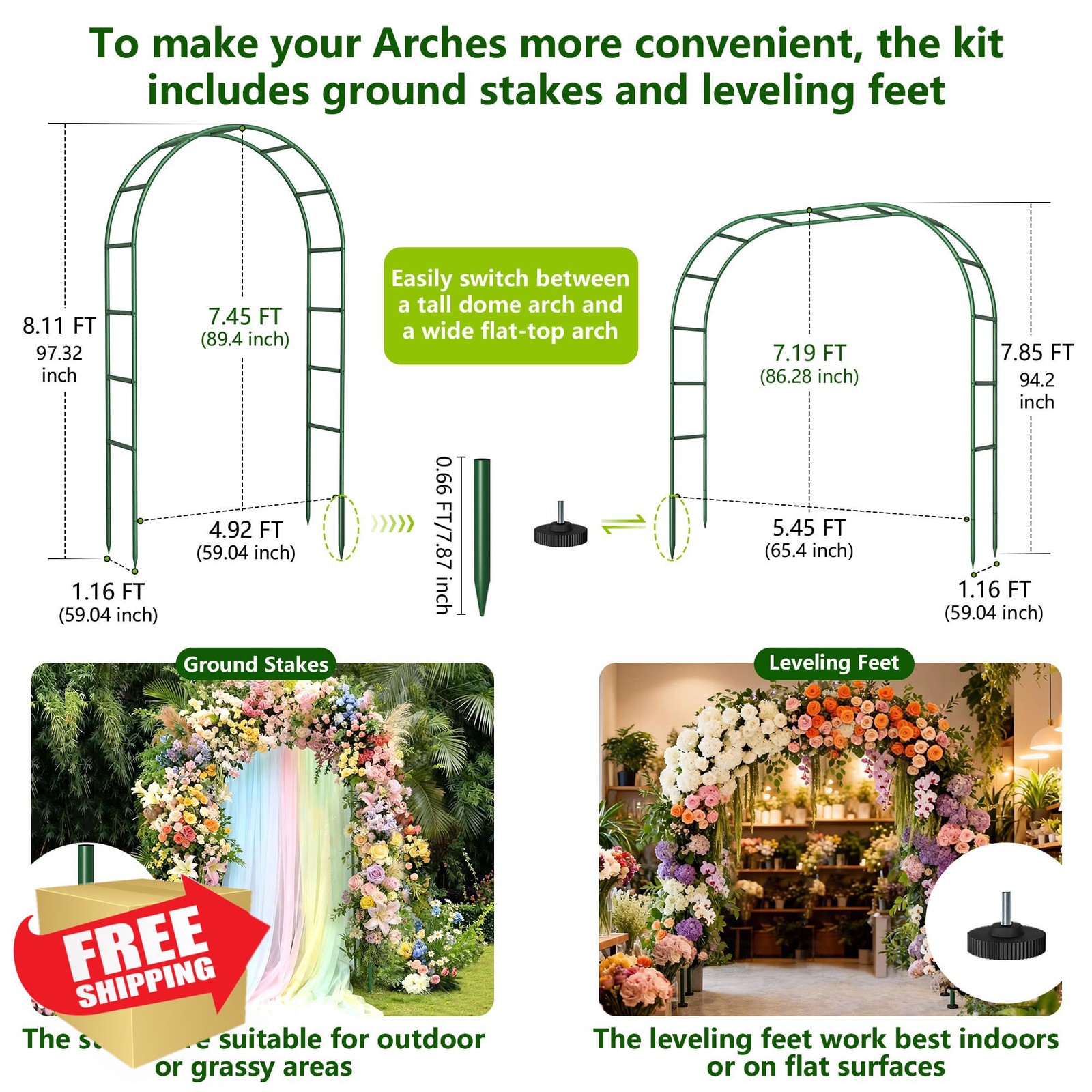 Fecita Green Metal Garden Arch Trellis for Climbing Plants 4.9x8.1ft Arbor