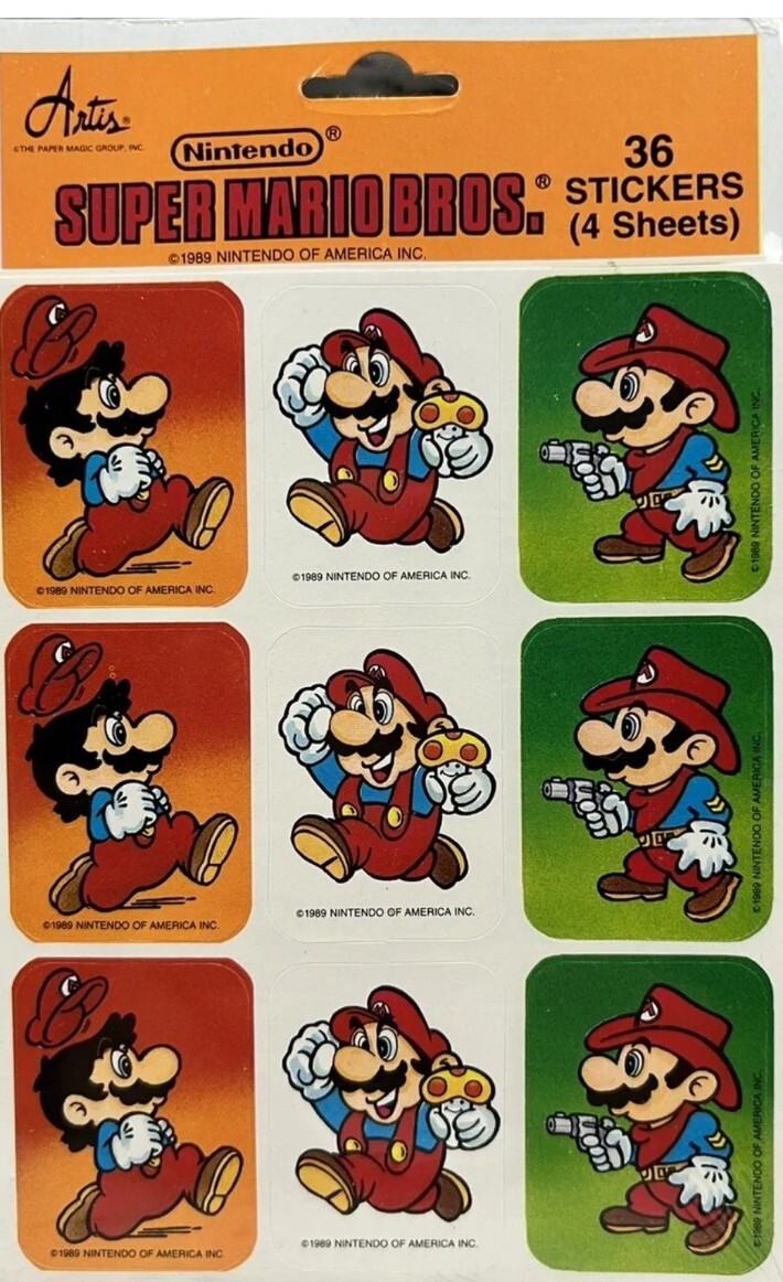 36 Sealed NOS 1989 Artis Super Mario Bros. Nintendo Sticker 4 Sheets USA Made
