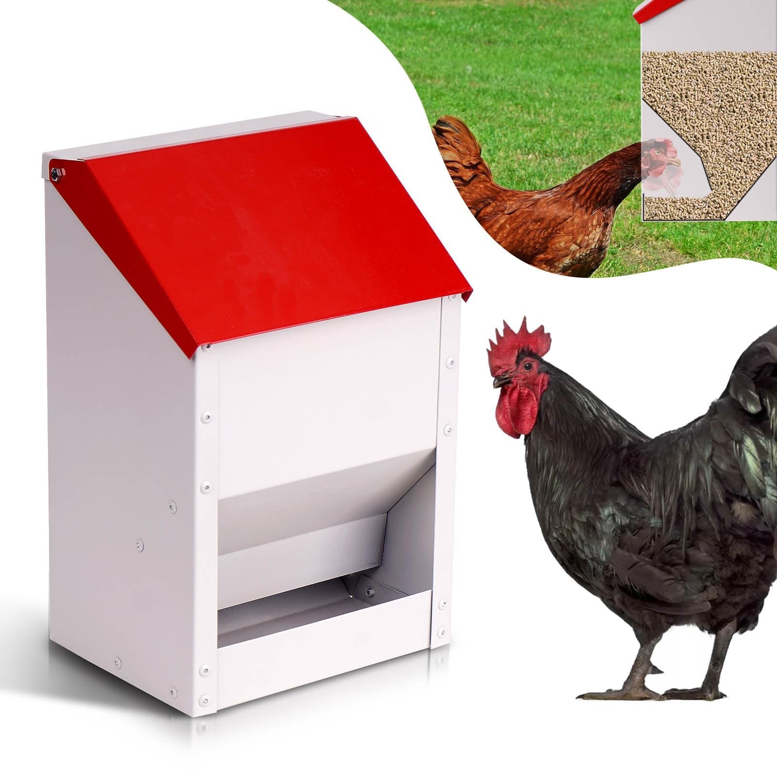 Automatic Metal Chicken Feeder Galvanized Poultry Feeder with Lid Outdoor Wal...