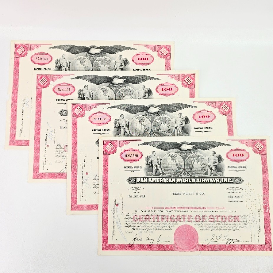 Pan American World Airways 100 Share Capital Stock Certificate 1966 Lot of 4