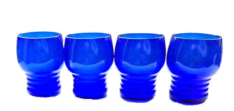 Set of 4 Ribbed Bottom Low Ball Cobalt Blue Glasses