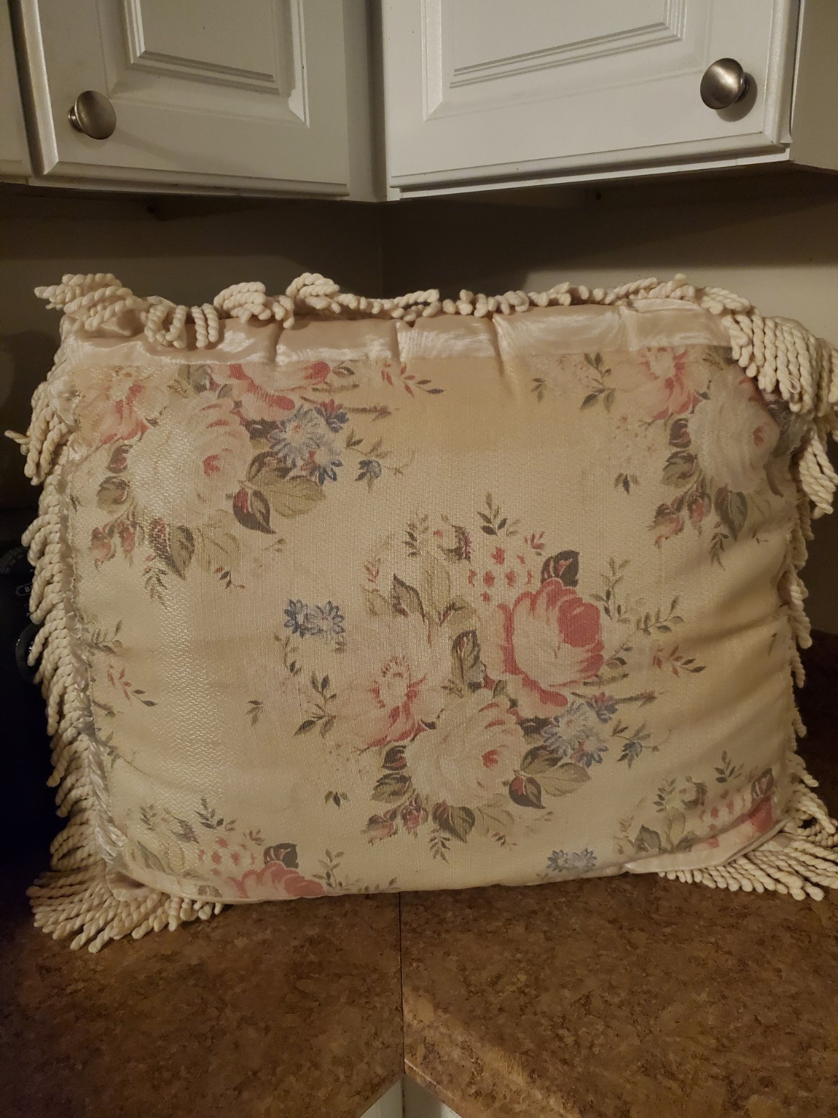 Vintage Embroidered Textured Floral Fabric Throw Pillow Rectangular Beige Pink