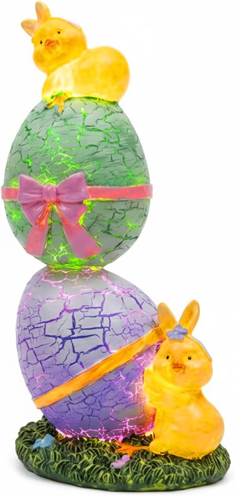 Lighted Easter Eggs Chicks Figurines, 6.5" H Purple Green Resin Light up Decorat