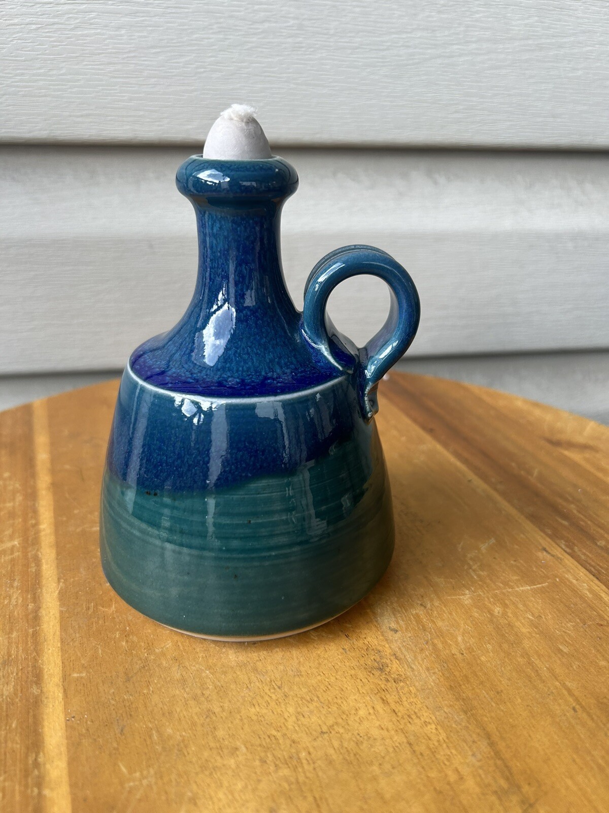 Vintage Floe Pottery Blue Green Drip Abstract Studio Art Pottery Oil Lamp 6”